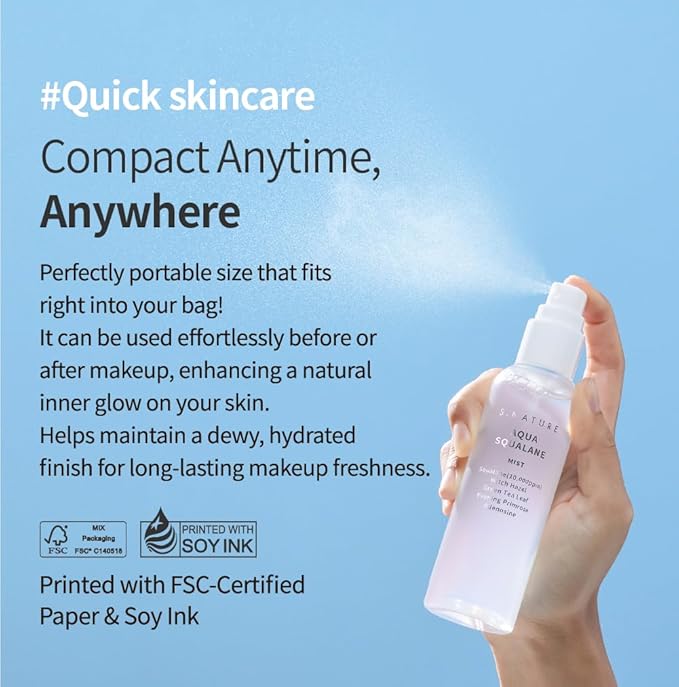 AQUA SQUALANE MIST, Vegan, Face Spray, Light-weight Face Moisturizer, Hydrating Mist for Glow Skin, Green Tea Extract for soothe skin, Korean Skincare (100ml, 3.38 fl oz.)