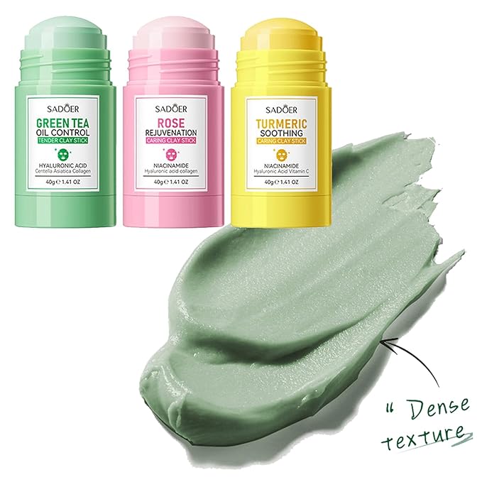 3PCS Green Tea Face Mask, Turmeric Clay Mask Rose Stick For Face, Deep Cleanse Stick Clay Blackhead Remover Poreless For Moisturizing, Oil Control For All Skin Types
