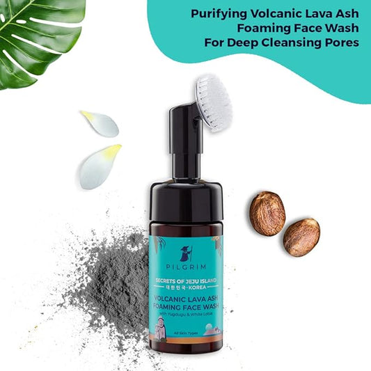 Pilgrim Volcanic Lava Ash Foaming Face Wash with Brush | Infused with Yugdugu & White Lotus | Removes Oil, Dirt & Impurities | Mattifying Cleanser for Oily Skin | 4.06 Fl Oz (120ml)