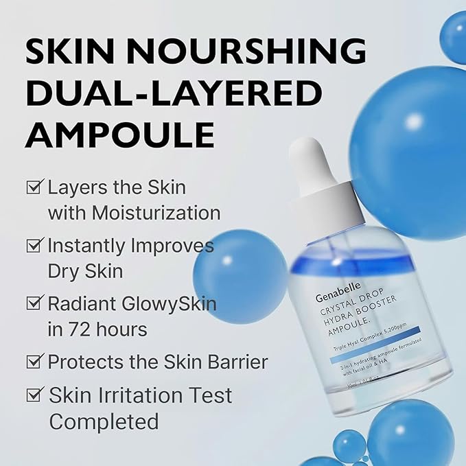 Genabelle Crystal Drop Hydra Booster Ampoule – Hydrating Serum with Hyaluronic Acid, Panthenol & Jojoba Oil for Skin Barrier and Glow – 1.01 fl.oz