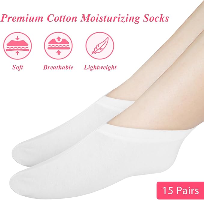 15Pairs Moisturizing Socks Overnight, Cotton Moisture Enhancing Socks, Spa Sock for Cracked Heel Repair, Spa Moisturizing Sock for Women and Men, White