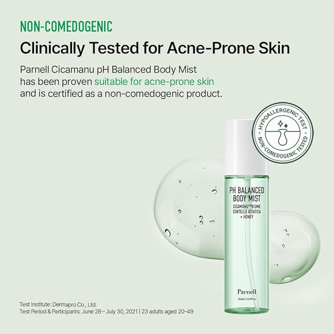 Parnell Cicamanu pH Balanced Body Mist - Centella Asiatica, Hyaluronic Acid, Ceramide, LHA, PHA, Mild Exfoliating, Soothing and Moisturizing Mist for Body, Back Acne and Bacne (5.07 Fl Oz / 150ml)