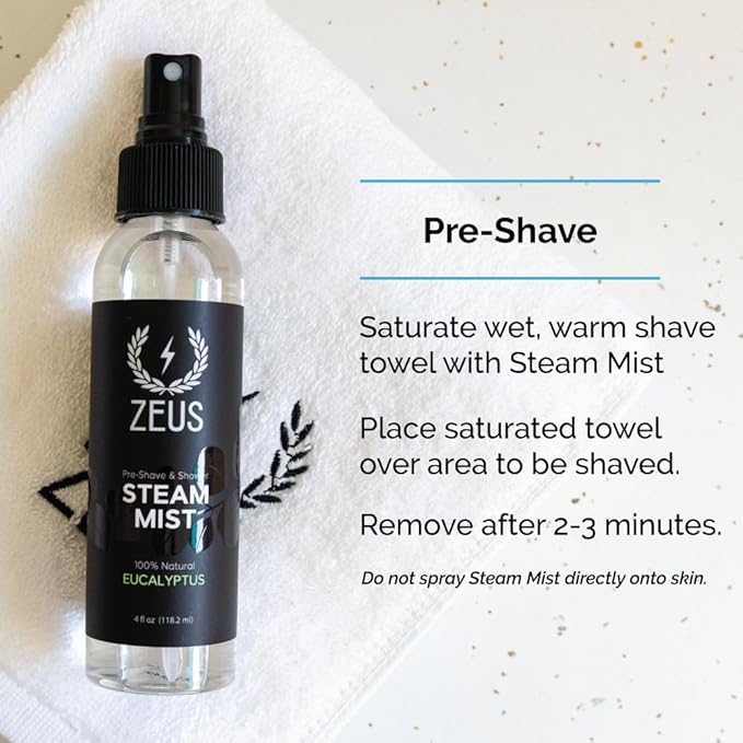 ZEUS 100% Natural Eucalyptus Oil Steam Mist, Aromatherapy Spray for Shower, Sauna, Bath & Pre-Shave, Nasal Relief & Spa-Inspired Refreshment (Made in USA) 4 oz.