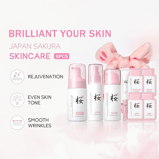 Sakura Skin Care Set, Cherry Blossom Collagen Rejuvenating Facial Kit, Skin Care for Kids & Women with Cleanser, Toner, Serum, Eye Cream, Travel Size Skincare, Nourishing, All Skin Types (9 PCS)