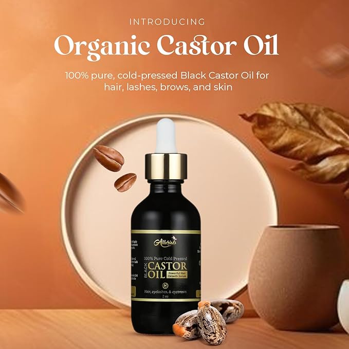 Allurials Organic Castor Oil – 2 Fl Oz | 100% Pure & Natural | Premium-Grade Carrier Oil for Hair Growth, Eyelashes & Eyebrows | Moisturizing Oil for Skin & Body