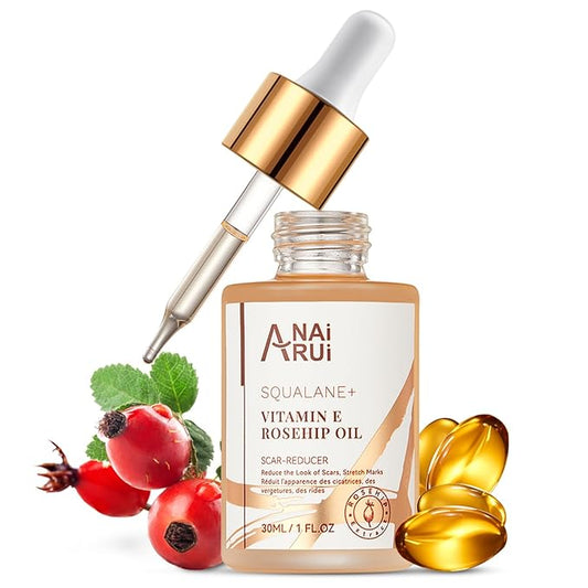 ANAI RUI Squalane + Vitamin E Rosehip Oil Moisturizer for Face Hydrate, Reduce Scars and Stretch Marks, Wrinkles for Smoother, Softer Skin 1 fl. Oz