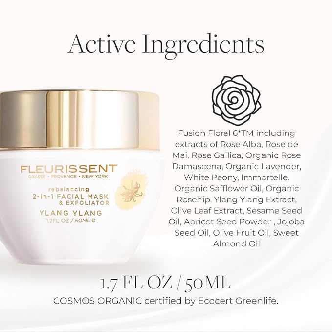 Fleurissent Harmony Elixir – Ylang Ylang 2-in-1 Facial Mask & Exfoliator, Fusion Florale-6 for Intense Hydration & Healthy-Looking Skin, 1.7 FL OZ – Luxurious Skincare Ritual