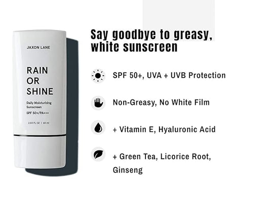 RAIN OR SHINE Anti Aging Face Sunscreen SPF 50 for Clear Skin w/Green Tea, Hyaluronic Acid, Vitamin E Oil, Ginseng Extract, Licorice Root, SPF Moisturizer for Face & Body Cream 2.03 Oz, Unscented, 2Pk