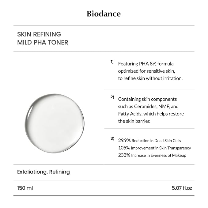 Biodance Skin Refining Mild PHA Toner, Gentle Exfoliating Face Toner for Sensitive Skin with Ceramides & NMF | 5.07 fl.oz,150ml