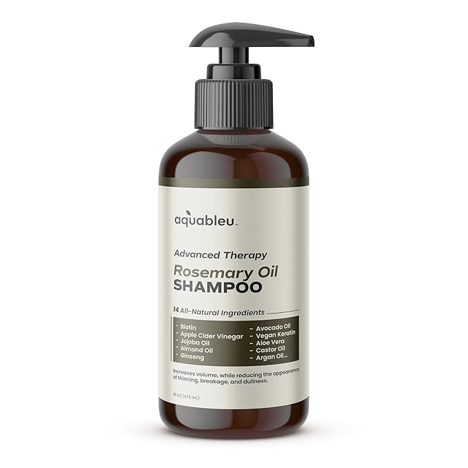 Aquableu Advanced Therapy Anti-Thinning Rosemary Oil Shampoo with 14 All-Natural Ingredients for Volume, Strength, and Thickness (16oz)