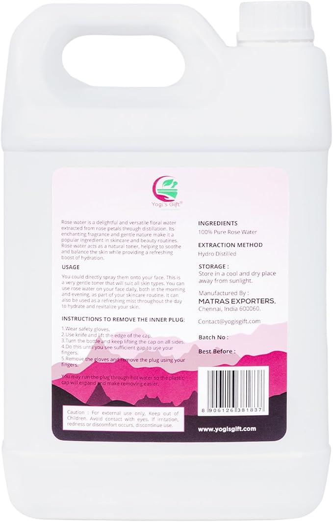 100% Pure Rose Water 1 Gallon (128 fl oz) | for Face & Hair | Alcohol Free & Artificial Coloring Free | by Yogi's Gift®