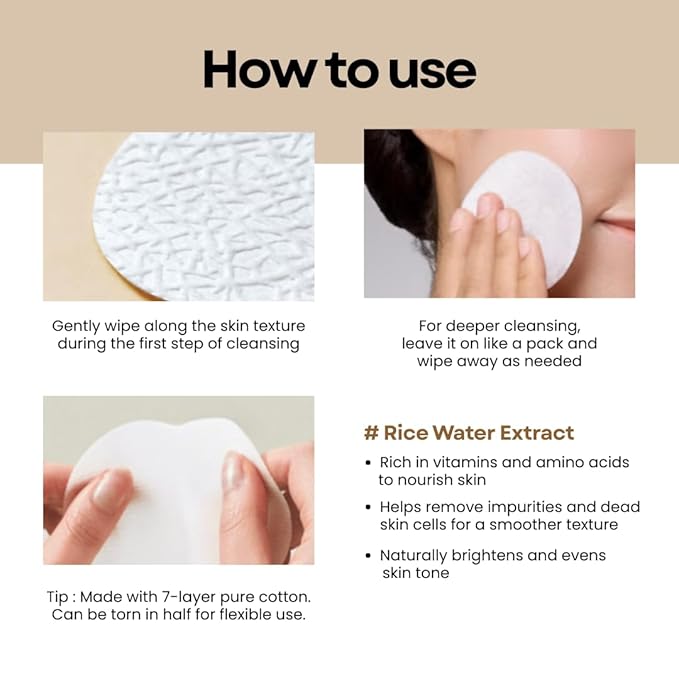 Rice Water Cleansing Pads – Makeup Remover Wipes & Korean Toner Pads with Centella Asiatica, Exfoliating for Blackhead Removal & Pore Minimizer, 50 Pad