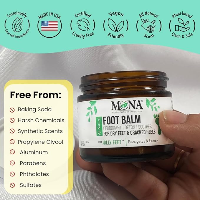 MONA Natural Foot Balm for Dry Cracked Feet & Heels | Moisturizing Foot Cream for Athletes | Callous Repair & Foot Odor Treatment (Eucalyptus & Lemon, 2.0 Oz (Pack of 1))
