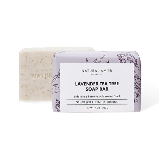 Natural Amor Lavender Tea Tree Soap Bar 7oz – Natural Exfoliating Body Soap with Walnut Shell – Long-Lasting Triple Milled Moisturizing Bar for Men & Women