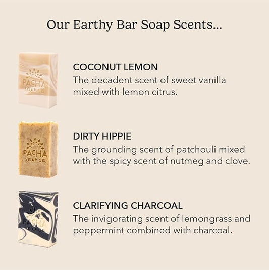 Pacha Soap Co. Bar Soap, Earthy Clean Bundle, 3-Pack (4 oz ea) - Coconut Lemon, Dirty Hippie, and Charcoal - Premium, Handcrafted, Hydrating, Natural Face Wash, Hand Cleanser, Soothing Essential Oils