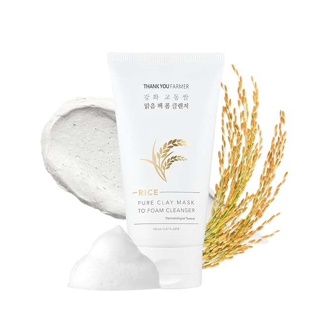 THANKYOU FARMER Rice Pure 2-IN-1 Korean Clay Mask to Foam Cleanser 5.27 fl.oz, Removes Excess Oil, Removing Dead Skin Cells, Soft Skin, Pore Purifying, Dermatologist Tested Korean Face Wash