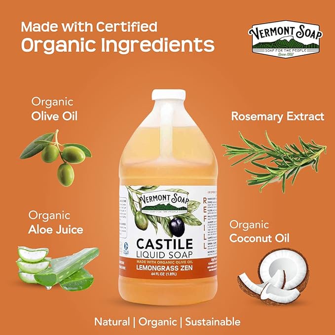 Vermont Castile Lemongrass Zen Soap, Gentle Liquid Soap for Sensitive Skin & Natural Body Wash, Organic Hair Shampoo for Oily Hair, Aloe Castile Soap for Men & Women - 64 Oz