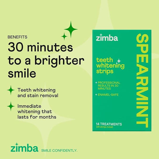 Zimba Spearmint Flavored Teeth Whitening Strips | Vegan, Enamel Safe Hydrogen Peroxide Teeth Whitener for Coffee, Wine, Tobacco, and Other Stains | 14 Day Treatment | Spearmint