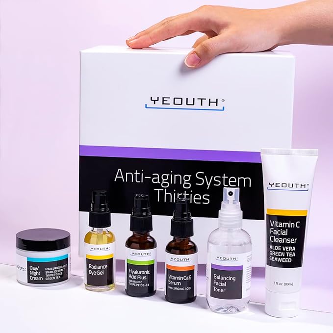 YEOUTH Skin Care Set: Hyaluronic Acid Serum, Vitamin C Serum, Face Cleanser, Toner, Under Eye Gel, Face Cream, 6-Piece Skincare Kit For Women & Men