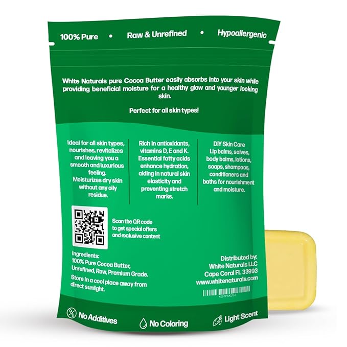 White Naturals Organic Cocoa Butter 8 oz,Unrefined, Raw, 100% Pure, Natural, Food Grade, Great for Hair and Skin, Use For DIY Recipes, Whipped Body Lotions, Soap Making, Creams, Shampoo, Lip Balm