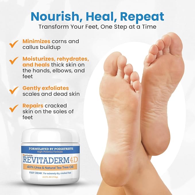Revitaderm 4D Urea Cream 40% for Feet, Intensive Moisturizing Foot Cream for Dry, Rough, Callused Skin, Includes Free Pumice Stone and Exfoliating Brush, Fast-Absorbing, Fragrance-Free, 4oz, 1 Pack