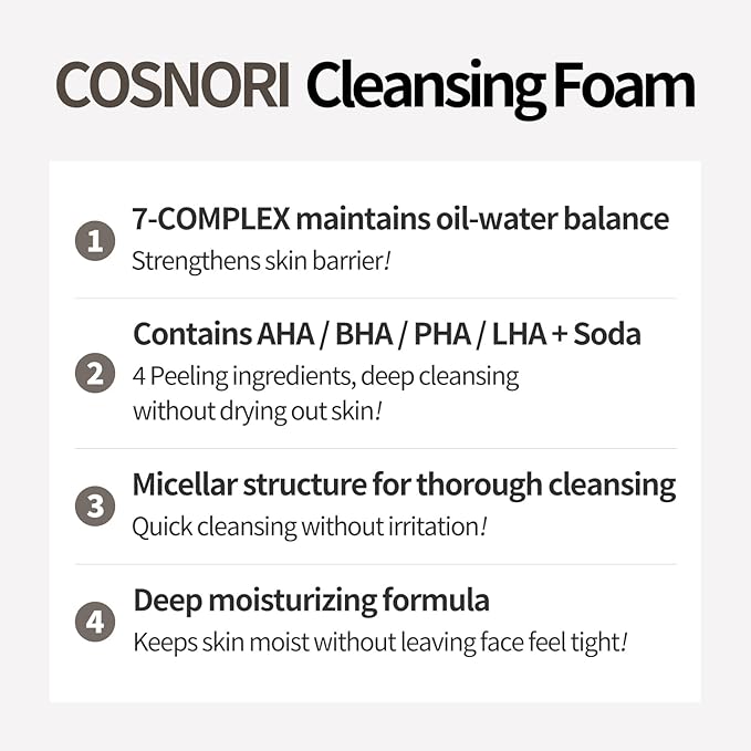 COSNORI Micro Active Cleansing Foam – Vegan, Non-irritating, Korean Facial Cleanser, Skin soothing, 7 Plant Extracts Daily Face Wash, 5.07 fl oz