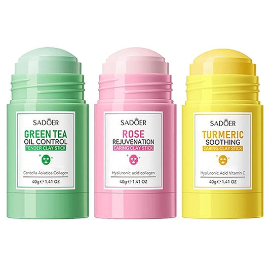 3PCS Green Tea Face Mask, Turmeric Clay Mask Rose Stick For Face, Deep Cleanse Stick Clay Blackhead Remover Poreless For Moisturizing, Oil Control For All Skin Types