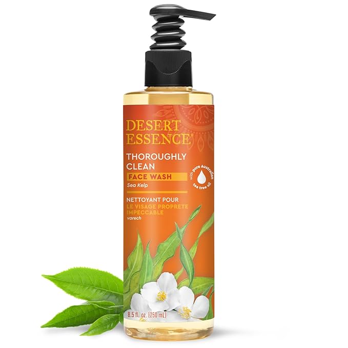 Desert Essence Thoroughly Clean Face Wash with Sea Kelp, Tea Tree Oil, Nourishing Castile Soap, Coconut Oil & More - Gently Remove Dirt & Impurities Without Drying Skin - Vegan, Sulfate Free - 8.5oz