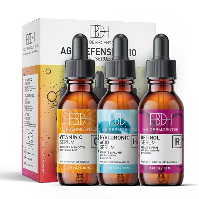 Age Defense Trio Anti-Aging Serum Set for Face and Eyes - Vitamin C, Retinol, Hyaluronic Acid Face Serum for Men and Women - 30ml Each - Paraben Free, Cruelty Free