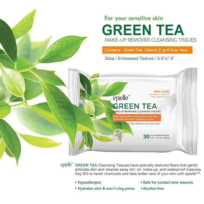 Epielle New Makeup Remover Cleansing Wipes Tissue - Cucumber 30 Count 6 Pack | Gentle for all Skin Types | Daily Facial Cleansing Towelettes | Removes Dirt, Oil, Makeup (Green Tea)