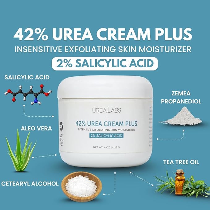 | 42% Urea Cream + 2% Salicylic Acid – Maximum Strength Foot & Skin Repair | Deep Exfoliation & Hydration for Cracked Heels, Dry Feet, Rough Skin & Callus Removal (4 Oz)