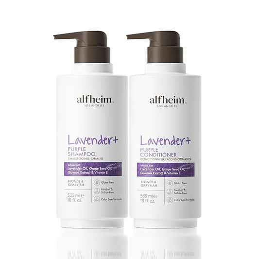 Alfheim Lavender+ Purple Shampoo & Conditioner Set | Anti-Brass & Color-Correcting for Blonde, Platinum & Gray Hair | Hydrating & Nourishing | Enhances Shine & Softness | 18 oz Each
