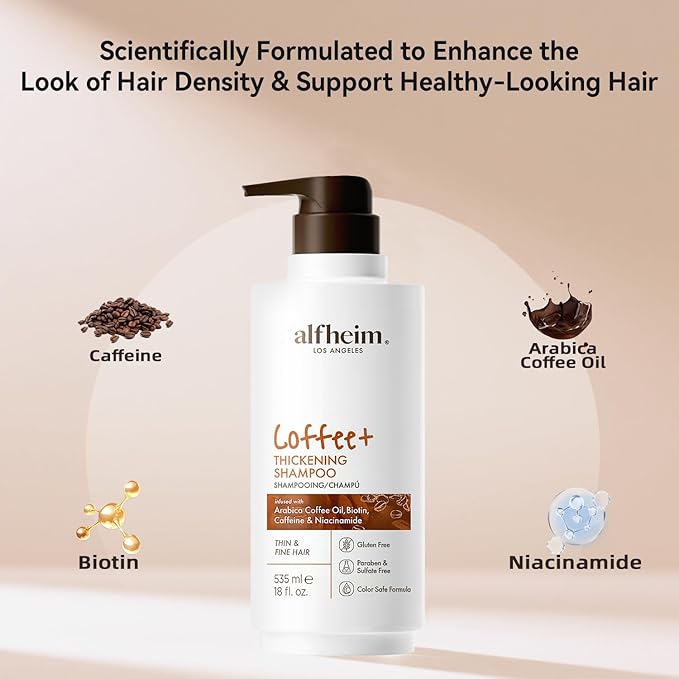 Alfheim Coffee+ Thickening Shampoo | Caffeine, Biotin & Niacinamide for Hair Growth & Strength | Volumizing & Hydrating Formula for Thinning & Fine Hair | Sulfate-Free, Color-Safe -18oz