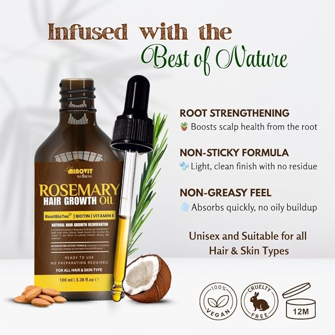 Rosemary Oil For Hair Growth (3.4 Fl Oz) Infused With Biotin, Vitamin E, Almond Oil & Coconut - Hair Strengthening, Nourishing & Volumizing