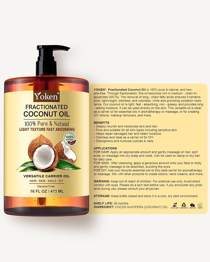 Yoken Fractionated Coconut Oil for Skin 16 Oz, 100% Pure & Natural Liquid Coconut Oil, Moisturizer for Hair, Face, Body, Carrier Oil for Essential Oils Mixing, Massage, Hexane Free, Unscented