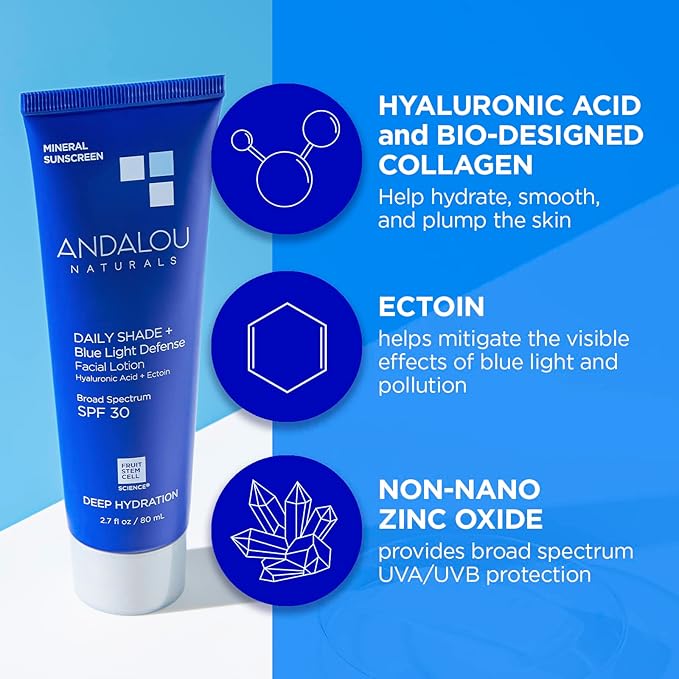 Andalou Naturals Clear Skin Mineral Face Sunscreen SPF 30 - Daily Shade Pollution Defense Facial Sunblock Lotion with Zinc Oxide - Lightweight, Non-Greasy, Non-comedogenic, Fragrance-Free - 2.7 fl oz