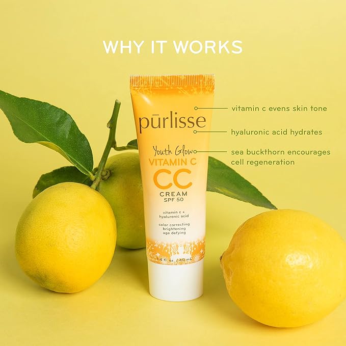pürlisse Youth Glow Vitamin C CC Cream with SPF 50 - Color Corrector Enriched with Sea Buckthorn, Vitamin C & Hyaluronic Acid - Boosts Radiance & Youthfulness - Paraben-Free - Light Medium (1.4 oz)