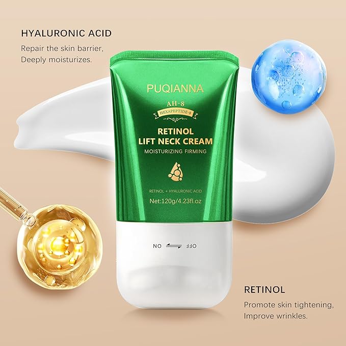 Retinol Neck Cream with Roller - AH8 Lift Firming Cream for Crepey Skin, Hyaluronic Acid Moisturizer for Face, Neck & Body, Tightening & Lifting Treatment for Wrinkles & Lines 4.23oz