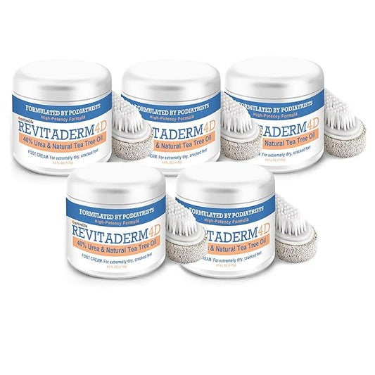 Revitaderm 4D Urea Cream 40% for Feet, Intensive Moisturizing Foot Cream for Dry, Rough, Callused Skin, Includes Free Pumice Stone and Exfoliating Brush, Fast-Absorbing, Fragrance-Free, 4oz, 5 Pack