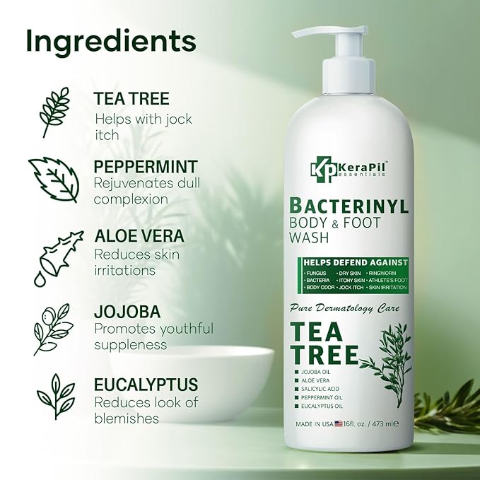 Bacterinyl Tea Tree Oil Body Wash - Antibacterial & Antifungal Support for Ringworm, Body Odors, Athlete’s Foot & Acne, Helps Soothe Itchy, Dry Skin - Made in USA (16 fl oz)