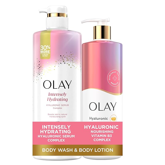 Olay Intensely Hydrating Body Wash + Body Lotion Bundle Pack, Moisturizing & Nourishing Formula with Hyaluronic Acid & Vitamin B3 Complex, 26 fl oz & 17 fl oz, (Pack of 2)