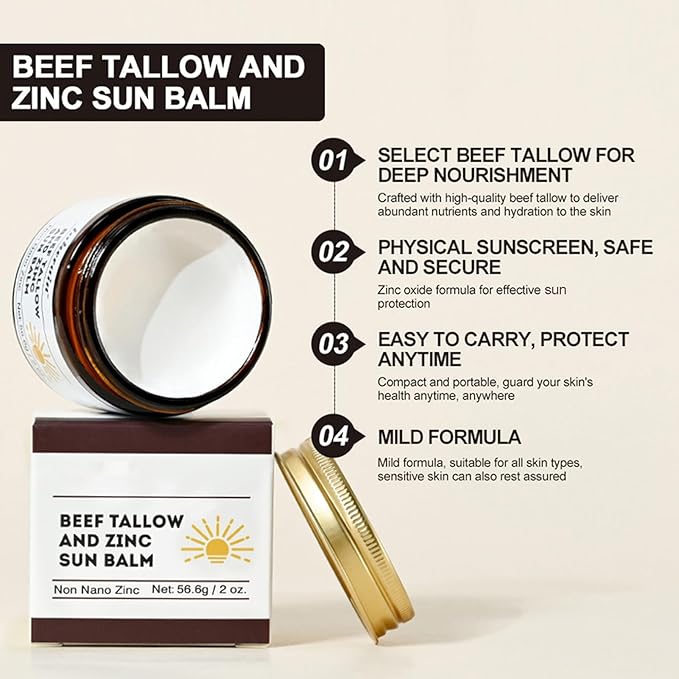 Beef Tallow and Zinc Sun Balm - Beef Tallow for Skin Instant Sun Protection, Beef Tallow Sunscreen for Face and Body Non Greasy Formula, Beef Tallow Moisturizer Daily Use for Deep Moisturizing 2 Oz