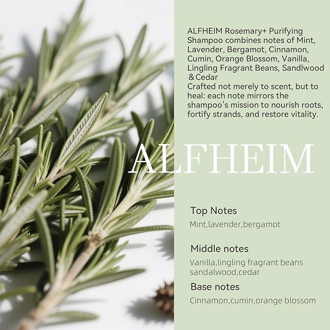 ALFHEIM Rosemary+ Purifying Shampoo | Infused with Rosemary Oil, Peppermint Oil & Calendula Extract | Gentle Cleansing for Oily Hair & Scalp Balance | Sulfate-Free, Paraben-Free | 10.7 fl oz