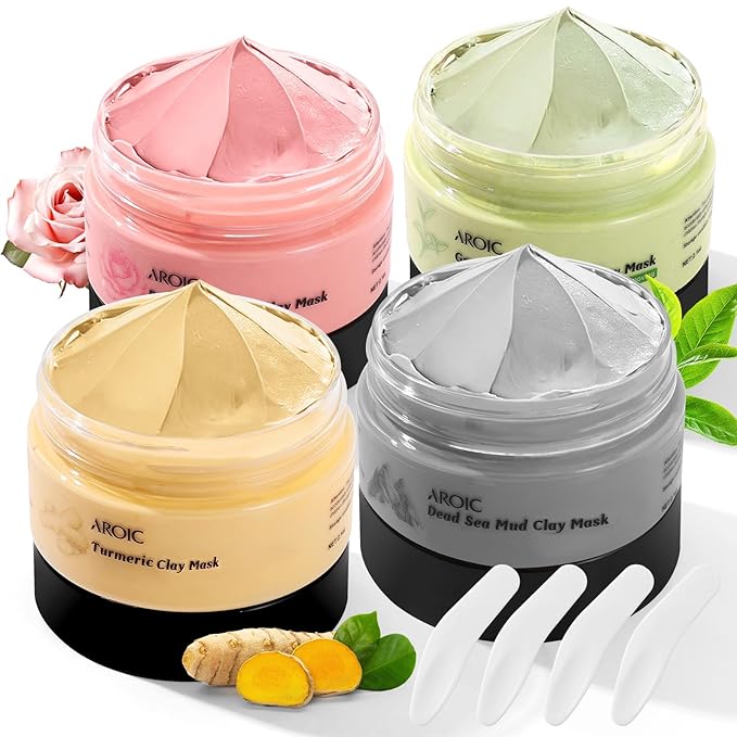 4 Pack Clay Mask, Vitamin C Turmeric Dead Sea Mud Facial Mask, Rose, Green Tea Clay Masque Set - Weekly Self Care Spa Gift for Women and Men, Skincare for Deep Cleansing Pore Minimizing Face Treatment