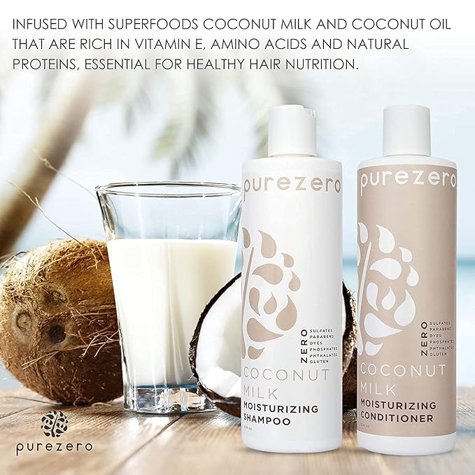 Purezero 20 Oz Value Pack Coconut Milk Shampoo & Conditioner Set, Bulk Pack, Intense Hydration & Increase Shine, Fight Dandruff & Frizz, Zero Sulfates, Parabens, Dyes,100% Vegan & Cruelty-Free