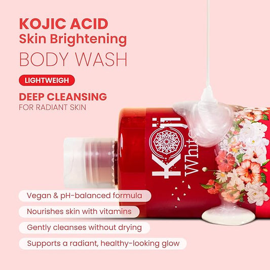 Koji White Kojic Acid Skin Brightening Body Wash - Daily Moisturizing Cleanser, Uneven Skin Tone with Flower Acid Extracts, Hyaluronic Acid, Vitamin E & B5, Vegan Body Wash, 10.82 Fl oz
