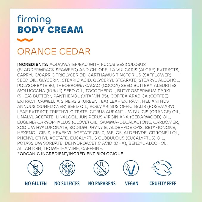 Seaweed Bath Co. Firming Body Cream, Orange Cedar Scent, 6 Ounce, Skin Toning Hand & Body Lotion Moisturizer for Dry Skin, with Sustainably Harvested Seaweed, Chlorella, Green Coffee Bean