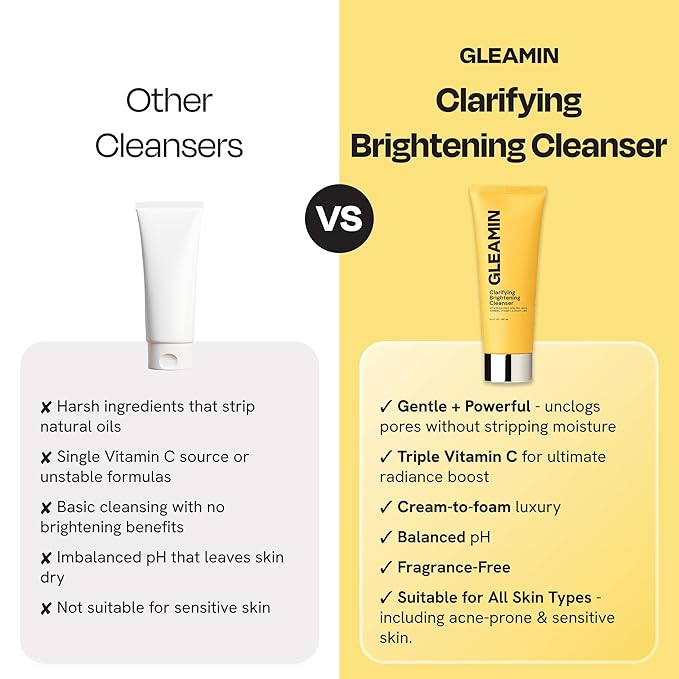 Gleamin Vitamin C Face Wash & Facial Cleanser - Cream to Foam 2% Salicylic Acid Cleanser with Paw Paw & Turmeric - Gentle Exfoliating Facewash for Women & Men, Oily & Combination Skin, 3.4 fl oz