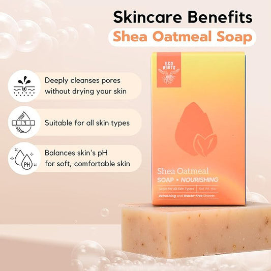 ECO ROOTS 3 Pack Natural Oatmeal Soap Bar – Face & Body Cleansing Bar with Shea Butter & Coconut Oil – Gentle Daily Moisturizing Bars of Soap