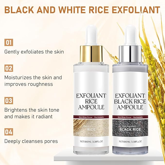 Rice Exfoliant Ampoule Duo, Black and White Face Peeling Solution, Moisturizing Pore Minimizer, 2-Pack, 100ml